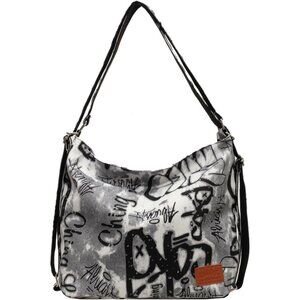 Convertible Graffiti Canvas Grey Hobo Backpack Crossbody for Women